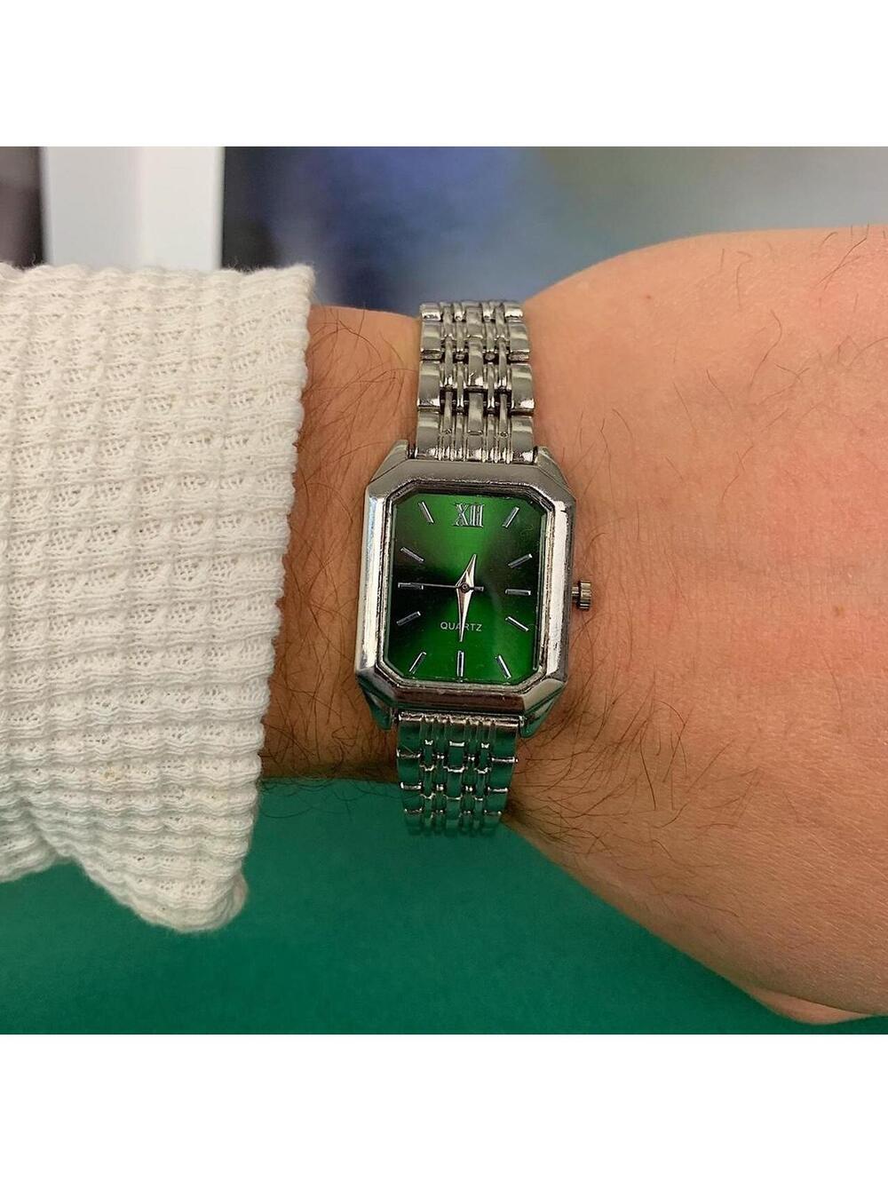 Y2K 2000s Vintage Minimalist Classy Stainless Steel Rectangular Green Face Watch